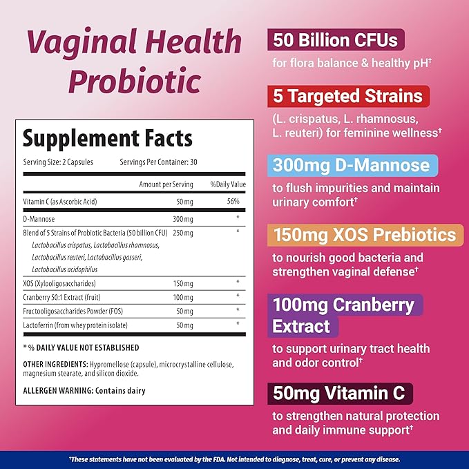 1 Body Cranberry Probiotics for Women, 50 Billion CFU, Cranberry Pills with Prebiotics, D-Mannose & Vitamin C, Vaginal Probiotics for Microbiome Balance, Digestive & Immune Support, 60 Vaginal Pills