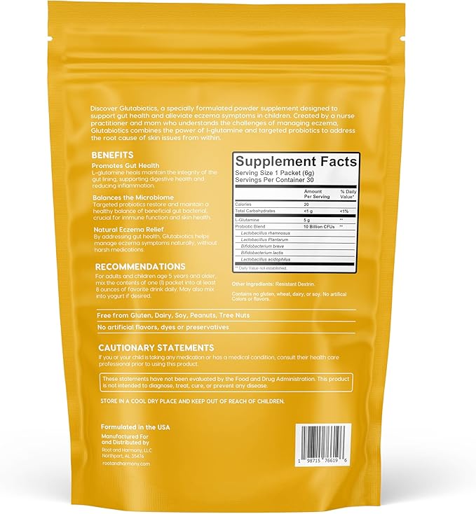 Root & Harmony Glutabiotics Kids Probiotic & L-Glutamine Powder – Daily Children's Gut Health, Skin & Immune Support Supplement, Unflavored, Dairy Free, Gluten Free, 10 Billion CFU, 30ct Bag