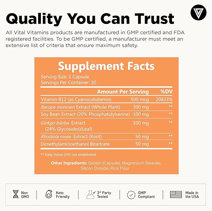 Vital Vitamins Brain Supplements with Bacopa Monnieri - for Memory and Focus – Nootropic Brain Booster - Caffeine-Free Support for Adults & Seniors – Non-GMO, 30-Day Supply, 30 Capsules