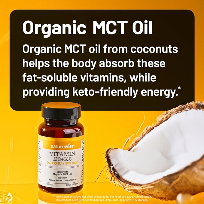 NatureWise Vegan Vitamin D3 + K2 in Organic Coconut MCT Oil - Natural D3 10000IU + Natural K2 200mcg - High Absorption Bone Support - Non-GMO - USA Manufactured - 30 Softgels[30-Day Supply]