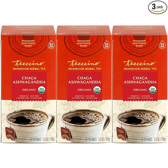 Teeccino Chaga Ashwagandha Tea - Butterscotch Cream - 25 Tea Bags - Organic Mushroom Adaptogenic Herbal Tea, 3x More Herbs than Regular TeaBags, Prebiotic, Caffeine Free, Gluten Free - (Pack of 3)