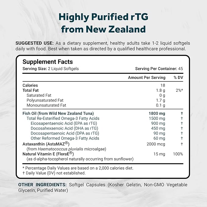 Naturalis Ultra rTG Omega 3 Fish Oil 1800mg from Wild New Zealand Tuna | IFOS Certified & Sustainably Sourced | Full Spectrum Omega3s EPA, DHA & DPA | 90 Softgels