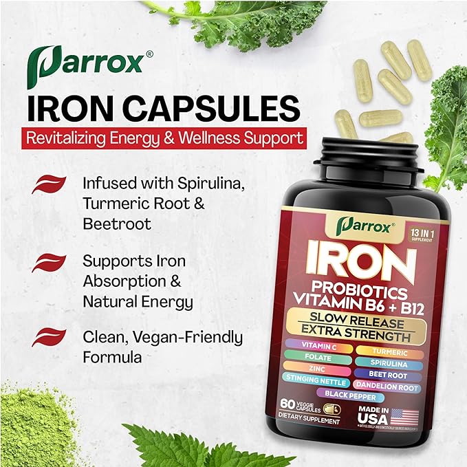 Iron Supplement with Slow Release Iron, Probiotics, Spirulina, Turmeric, Vitamin B6, B12, C, Zinc, Folate, Beetroot, Nettle Leaf, Dandelion Root, Black Pepper, Extra Strength, 60 Vegan Capsules