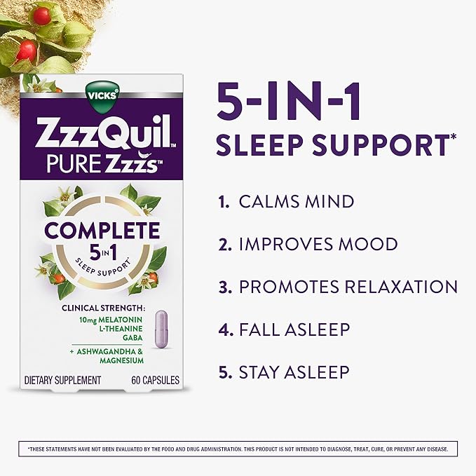 ZzzQuil Pure Zzzs Complete Sleep, Melatonin 10mg, L-Theanine, GABA, with Ashwagandha, and Magnesium, Melatonin Sleep Aid, 60 Count
