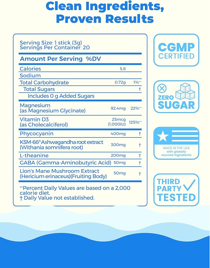 Easy Calm Blue - Calming Drink Mix with Magnesium KSM-66 Ashwagandha & Blue Spirulinac L-theanine Lion's Mane Mushroom GABA Vitamin D3 Supports Cortisol Balance Mood Sleep