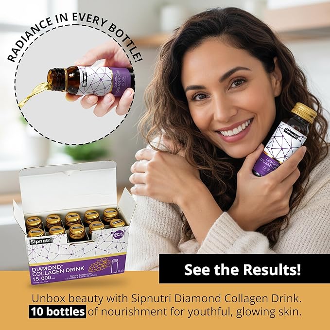Diamond Collagen Drink -15,000mg Marine Collagen Peptides Liquid Shots for Women & Men, Hydrolyzed with Vitamin C & Pomegranate, Grape Flavor, Supports Skin, Hair & Nail Health-1.69 fl oz x20