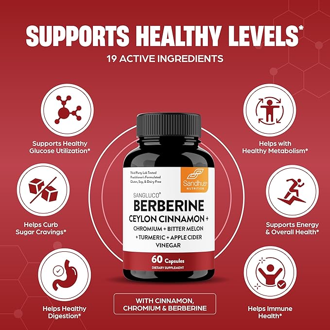 Blood Sugar Support Complex Supplement | Supports Healthy Blood Sugar Levels Already Within Normal Range | With Berberine, Cinnamon, Chromium, Turmeric, Apple Cider Vinegar, Bitter Melon | 60 Capsules