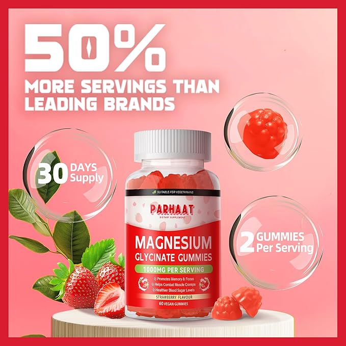 Magnesium Glycinate Gummies - Sugar Free Magnesium Potassium Supplement with Vitamin D, B6, CoQ10 for Calm Mood & Sleep Support - 60 Strawberry Chews