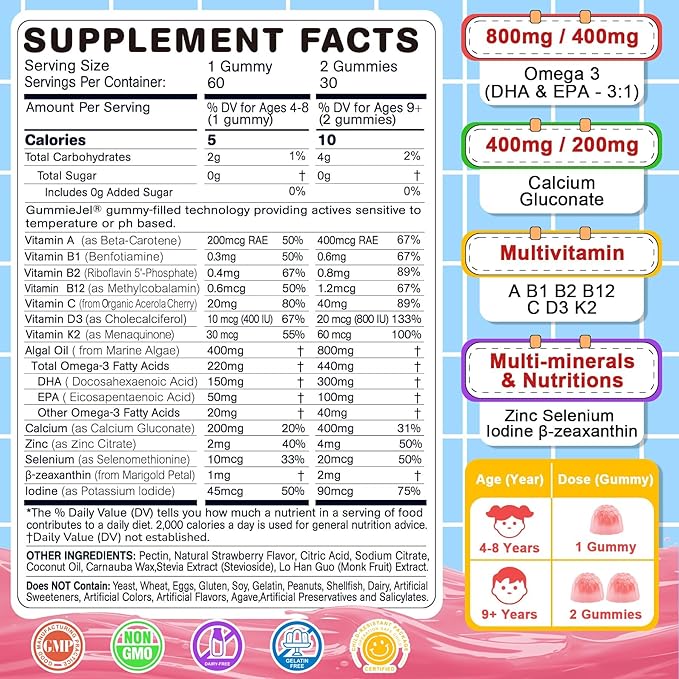 Nextdia Omega 3 (EPA/DHA) Filled Gummies for Kids Teen with Multivitamin, Calcium + D3 + K2 + Zinc, Plus Vitamin A B1 B2 B12 C, Selenium, Iodine for Brain, Eye, Bone, Energy, No Fish Taste, Sugar Free