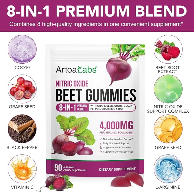 Beets Gummies, Blood Pressure Support, 180 Beet Chews Liposomal Beet Powder for Superior Absorption, Grape Seed for Nitric Oxide, Circulation & Heart Health, Vegan, Non-GMO