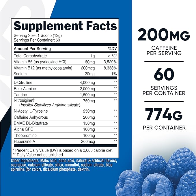 Nutricost Pre-Workout Complex Powder (60 Servings, Blue Raspberry) - Pre-Workout Supplement with Beta-Alanine, Taurine & Amino Acids