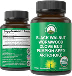 USDA Organic Wormwood Black Walnut Clove Cleanse for Humans. Elimination Detox + Intestinal Support Capsules Supplement for Adults and Kids. Pills with Artichoke and Pumpkin Seed for Added Benefits