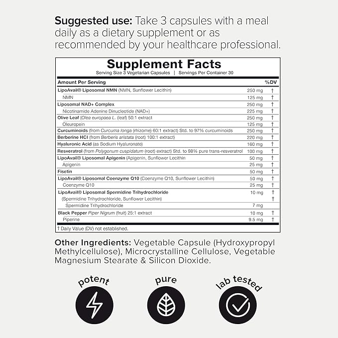 Toniiq NMN 12-in-1 Complex – 5 Liposomal Ingredients NMN, NAD+, CoQ10, Spermidine & Apigenin for Enhanced Absorption – Plus Resveratrol, Fisetin, Berberine & More – 180 Vegetarian Capsules