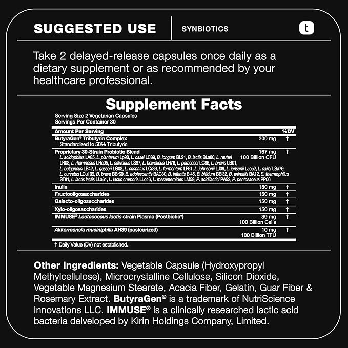Toniiq Prebiotics and Probiotics – 200B TFU with Postbiotics IMMUSE® & ButyraGen® – 30 Strains – Shelf-Stable Synbiotic Formula – Third-Party Tested – 60 Capsules