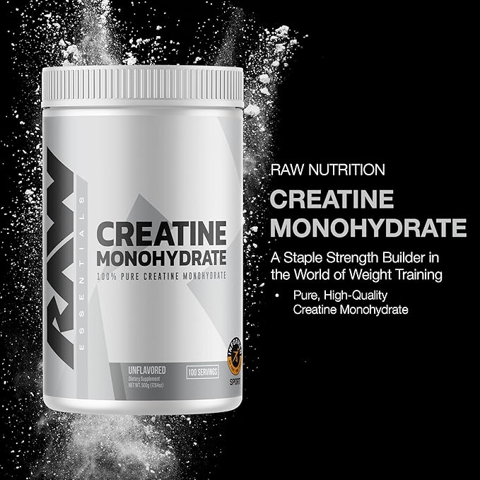 RAW Nutrition Creatine Monohydrate Powder, Unflavored (100 Servings) - Micronized Creatine Monohydrate Supplement for Workout Performance, Build Muscle & Strength - Creatine Powder for Men & Women
