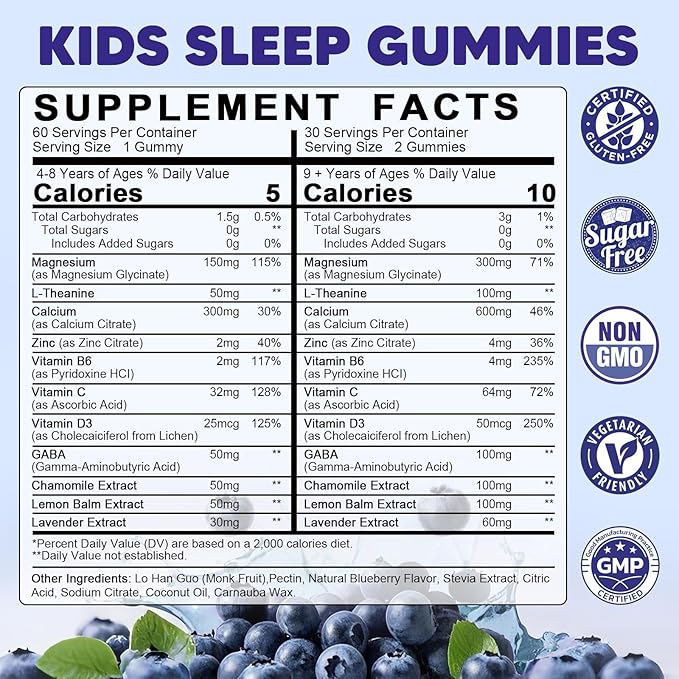 Kids Sleep Gummies Melatonin Free - with Magnesium Glycinate, Lemon Balm, L-Theanine & GABA - Calming Relaxation, Support Natural Sleep, Quiet Mind - Berry Flavor, Non-Habit Forming