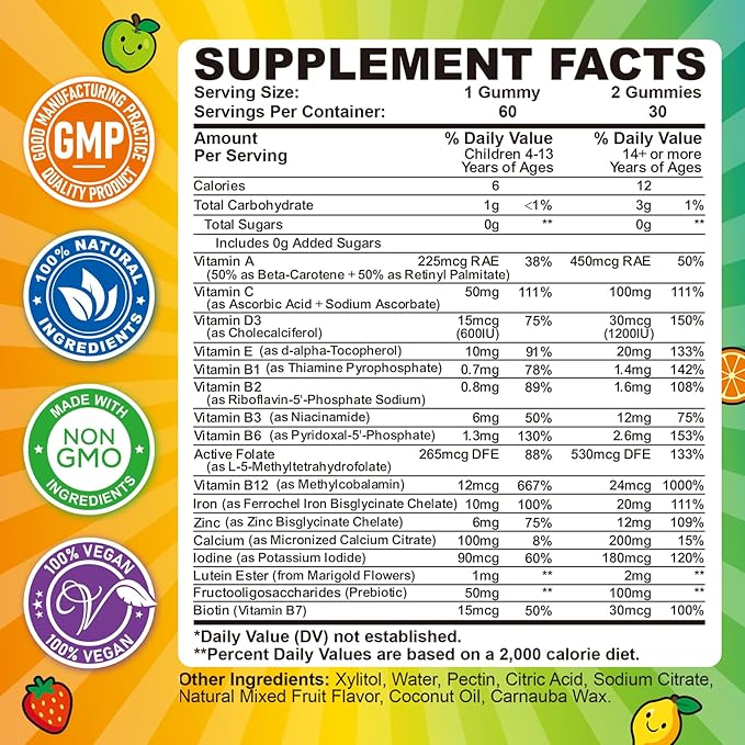 Iron Gummies for Kids & Teens, Kids Multivitamin with Iron Supplement, Calcium, Folate, Zinc, Prebiotic - for Blood Builder & Energy Support, Iron Deficiency - Vegan & Non-GMO - Mixed Fruits Flavor