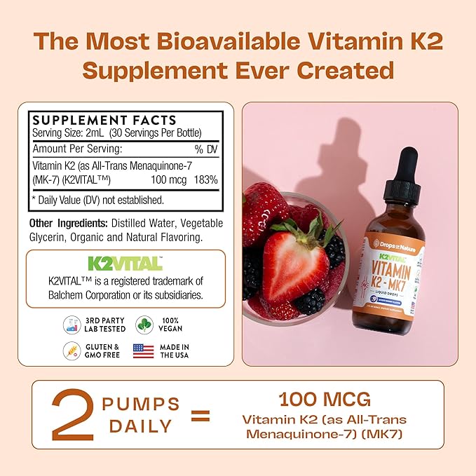 Vitamin K2 MK7 Liquid Supplement – Pure K2MK7 Menaquinone-7 (100 mcg) – Vegan, Non-GMO & Fast-Absorbing – Daily K2 Vitamin Supplement for Bone Strength & Cardiovascular Support (Mixed Berry, 60ml)