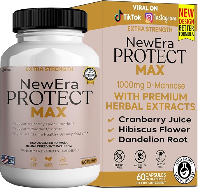 New Era Protect Max Extra Strength Urinary Support Supplement, 60 Veggie Capsules, 1000mg D-Mannose with Cranberry, Hibiscus, Dandelion (1)