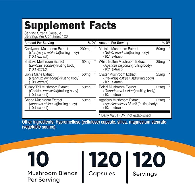 Nutricost Mushroom Complex Supplement 120 Capsules for 120 Servings Per Bottle - 10 Mushroom Blend (Includes Reishi, Maitake, Shiitake, Lion's Mane, and More) - Non-GMO and Gluten Free (Pack of 2)
