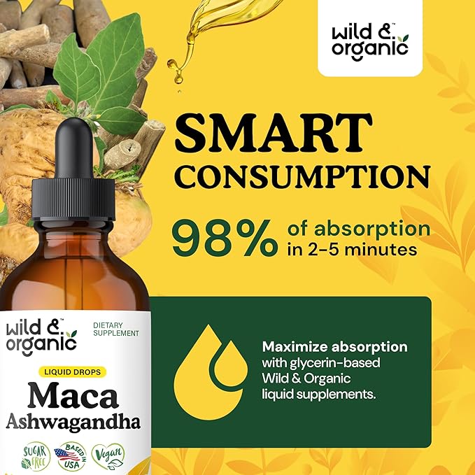 Wild & Organic Maca Root Ashwagandha Drops for Men and Women - Liquid Maca Ashwagandha Supplement for Overall Support - Peruvian Extract Tincture - Vegan, Sugar & Alcohol-Free - 4 fl oz