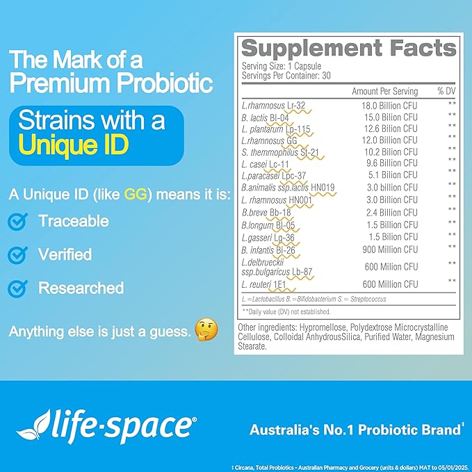 Life-Space Triple Strength Broad Spectrum Probiotic, 96 Billion CFU & 15 Diverse Strains, Advanced Formulated for Digestive Health & Immune Health, Probiotics for Women & Men - 30 Veg Capsules
