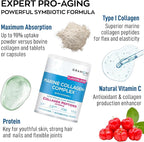Marine Collagen Powder Unflavored - 10g Type I Hydrolyzed Collagen Peptides with Natural Acerola Vitamin C Antioxidant - Hair, Skin, Nails Vitamins for Women & Men- Pro-Aging Beauty Supplement - 9.8oz