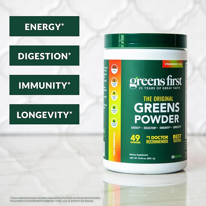 Greens First Original Greens Powder - 49 Superfoods - Organic Fruits & Veggies - Prebiotics, Probiotics & Digestive Enzymes - Antioxidant - Dairy Free/Vegan/Non-GMO (Strawberry Kiwi, 30 Servings)
