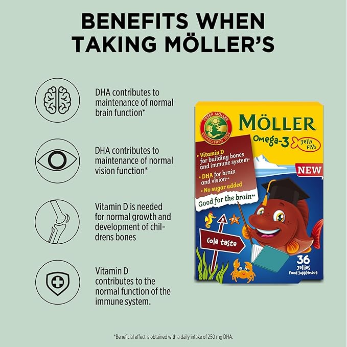 Moller’s ® | Omega 3 Capsules for Children | Natural Fish Oil Omega 3 Fish Oil for Kids | with DHA and EPA, No Gluten, Lactose or Added Sugar & Easy to Chew | Cola Flavor | 36 Capsules