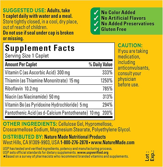 Nature Made B Complex Supplement, Vitamin B Complex with Vitamin C for Immune System Support, 100 Caplets, 100 Day Supply, (Pack of 2)