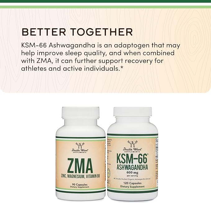 ZMA Supplement for Men and Women (Over 100% Daily Value of Zinc, Magnesium Aspartate, Vitamin B6) 501mg, 90 Capsules for Restfulness and Active Lifestyle Support by Double Wood Supplements (Pack of 2)