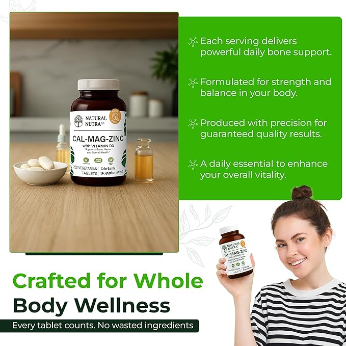 Natural Nutra Calcium Magnesium Zinc with Vitamin D3 - CMZ Supplement | Bone Strength, Immune Support, Muscle & Nerve Health - Cal-Mag Zinc Supplement - Gluten Free - Digestion Support - 250 Tablets