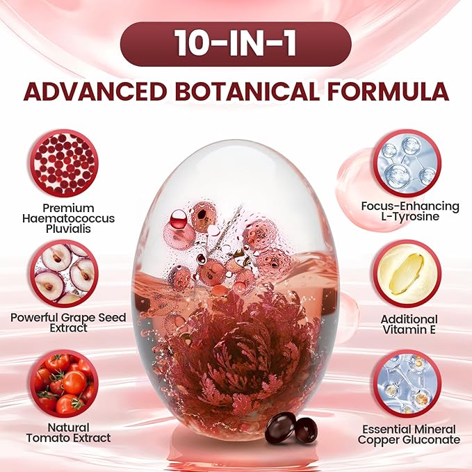 VivoNu Astaxanthin 24mg – Powerful Antioxidant Support for Skin, Eyes & Immune System – 10-in-1 Formula with Lycopene, Grape Seed, Vitamin E & Zinc – Triple Strength, 720 Softgels, 3 Bag