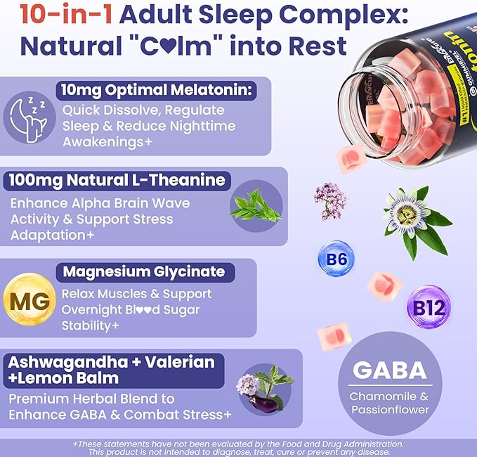 Melatonin Gummies 10mg 20mg with Magnesium for Adults | Drug Free | Sugar Free | L-Theanine, Ashwagandha, B6, B12, Lemon Balm & Chamomile, Supports Deep Relaxation, Sleep Aid, 120 Cts