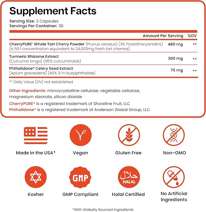 3 in 1 Uric Acid Flush Cleanse – Tart Cherry Extract with Turmeric & Celery Seed Supplement Purge - Feet and Joint Support - 60 Veggie Capsules