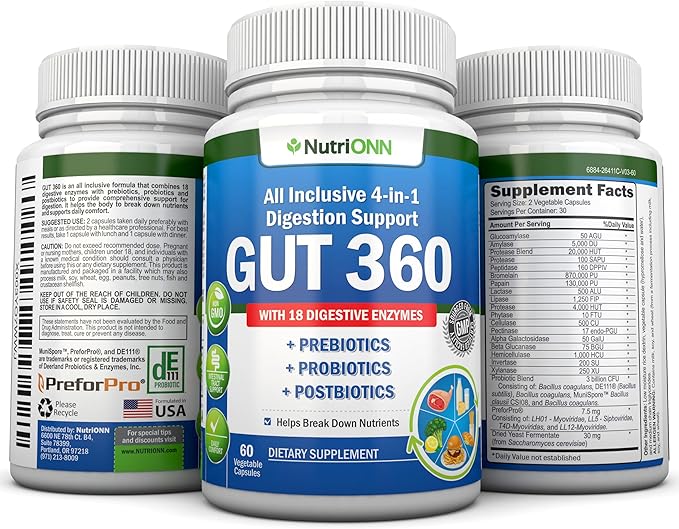 4-in-1 Probiotics, Prebiotics & Postbiotics with 18 Digestive Enzymes for Women & Men - Complete Gut & Digestive Support Supplement - Bloating Relief and Enzymes for Digestion - Non GMO - Vegan