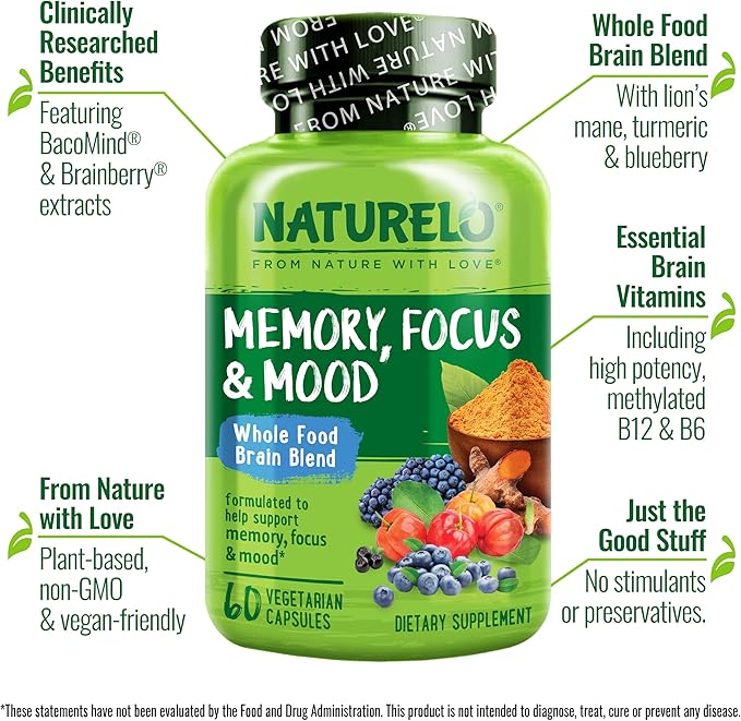 NATURELO Whole Food Brain Supplement - Brain Health Supplements for Memory & Focus Support - Enhance Brain Health Blend Supplement for Adults - 60 Vegetarian Capsules