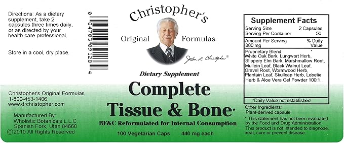 Christopher's Original Formulas Complete Tissue & Bone Formula – 100 Veg Caps | Herbal Support for Bones & Connective Tissue