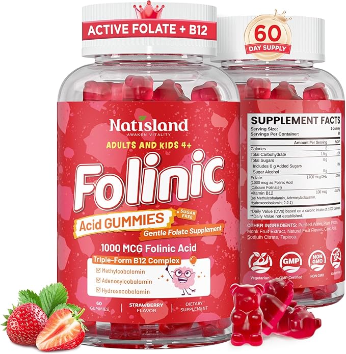 Folinic Acid Gummies for Kids & Adults, 1000 mcg Folate with Triple-Active B12 (Methyl, Adenosyl & Hydroxo), Bioactive Folic Acid, Gentle & Clean