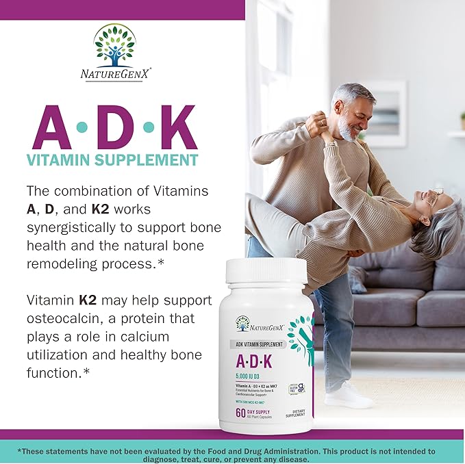 ADK Vitamin Supplement – Vitamins A, D3 & K2 MK-7 for Bone Health & Calcium Absorption – Gluten-Free, Non-GMO, Soy-Free – 120 Capsules, 2-Pack (4-Month Supply)