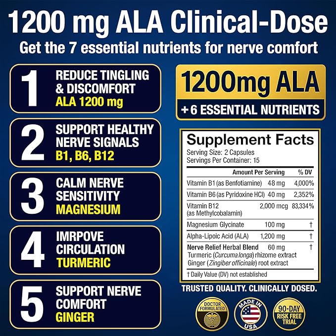 Nerve Health with 1200 mg Alpha Lipoic Acid – 7 Essential Nutrients to Support Feet Hands Toes – 1200mg ALA, Vitamins B12 B6 & B1, Magnesium, Turmeric – 30 Capsules