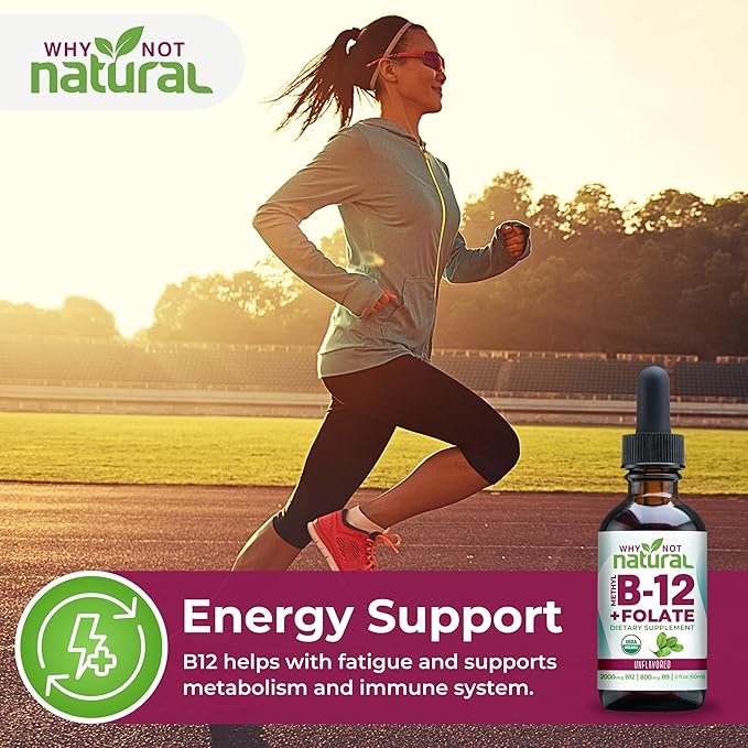 Why Not Natural Vitamin B12 Liquid Plus Folate - Organic Sublingual Extra Strength Vegan Drops - Methyl Supplement with Folinic