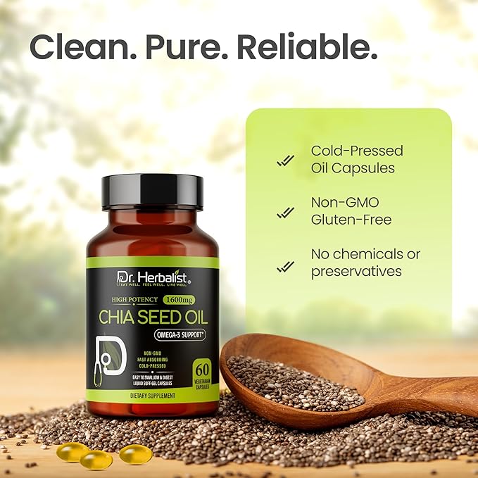 Dr. HERBALIST Chia Seed Oil 1600mg Softgels - Plant-Based Superfood Supplement with Omega 3 Fatty Acids, Antioxidants & Natural Nutrients - 60 Capsules for Men & Women