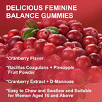 Feminine Balance Gummies for Women - Vaginal Health, pH Balance Support, Pineapple Probiotics Gummies for Women with Cranberry Extract and D-Mannose, Sugar Free, Vegan, Cranberry Flavor - 60Ct (2pack)