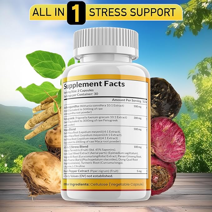 Ashwagandha Maca Root Fenugreek Supplement with Tongkat Ali Ginseng - Assists with Mood & Thyroid Health - Made in USA - 120 Count