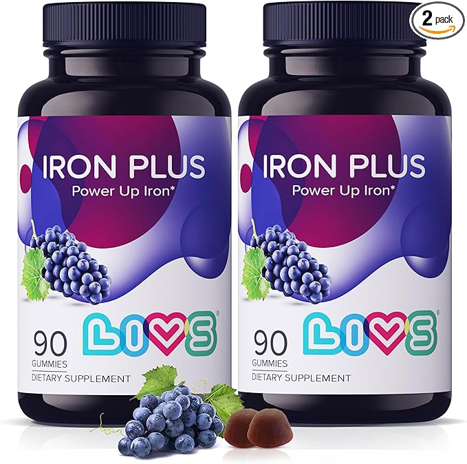 LIVS Iron Plus Gummies – 20mg Gentle Iron Supplement for Women & Men – Anemia Support – Vitamin C for Absorption – Biotin, Folate & B12 for Energy – Gluten Free, Vegan, Halal & Kosher – 180 Count