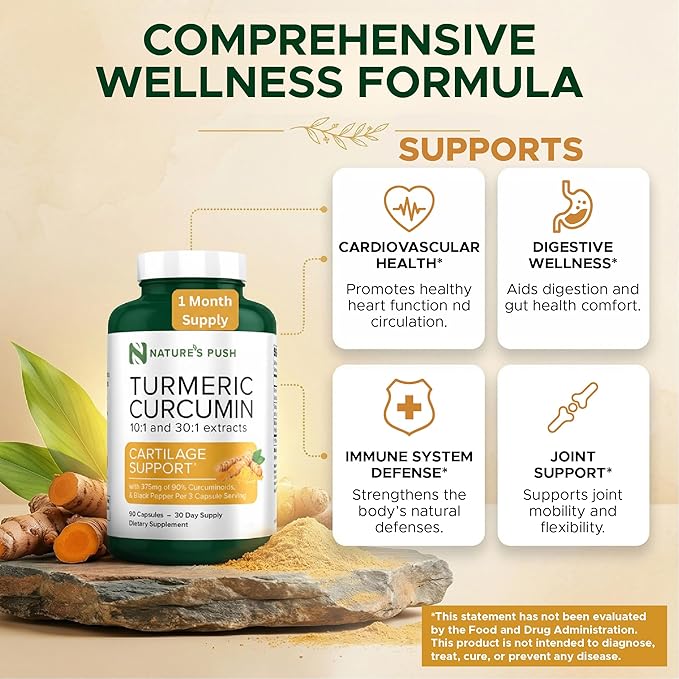 Nature's Push Turmeric Curcumin Super Potent 30:1 Extract 375mg 90% Curcuminoids, 1,350mg Turmeric Root 10:1 Plus Black Pepper for Healthy Inflammation Support Non-GMO Gluten Free Vegan USA 90 Caps