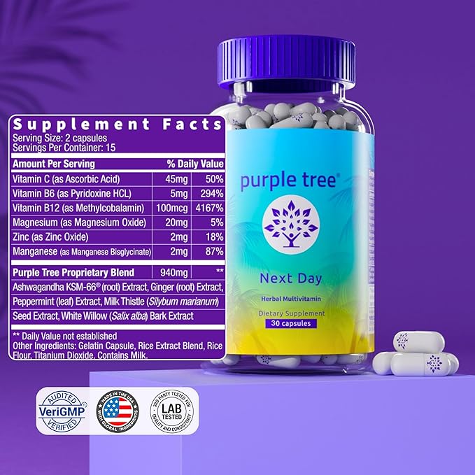 purple tree Next Day – Post-Drink Morning Wellness Supplement for Balance, Restore & Replenishment | Ashwagandha KSM-66, Milk Thistle, Ginger, Peppermint, Electrolytes & Vitamins | 30 Capsules