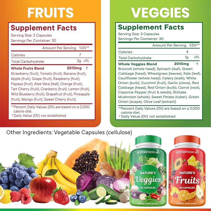 Superfood 180 Fruit and 180 Veggie Capsules - Whole Food Natural Superfoods - Maintain Energy Levels, with Beta Carotene - Soy Free (90 Count (Pack of 4)