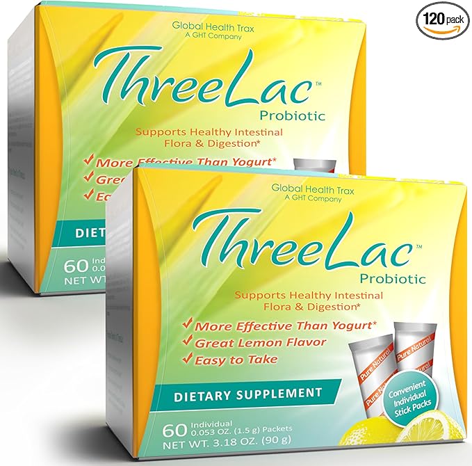 Global Health Trax ThreeLac Lemon Probiotic Drink Mix for Digestive Health - Advanced Probiotic Powder Formula for Men, Women, and Kids - Immune Support & Gut Balance, Non-GMO - 120 Packets